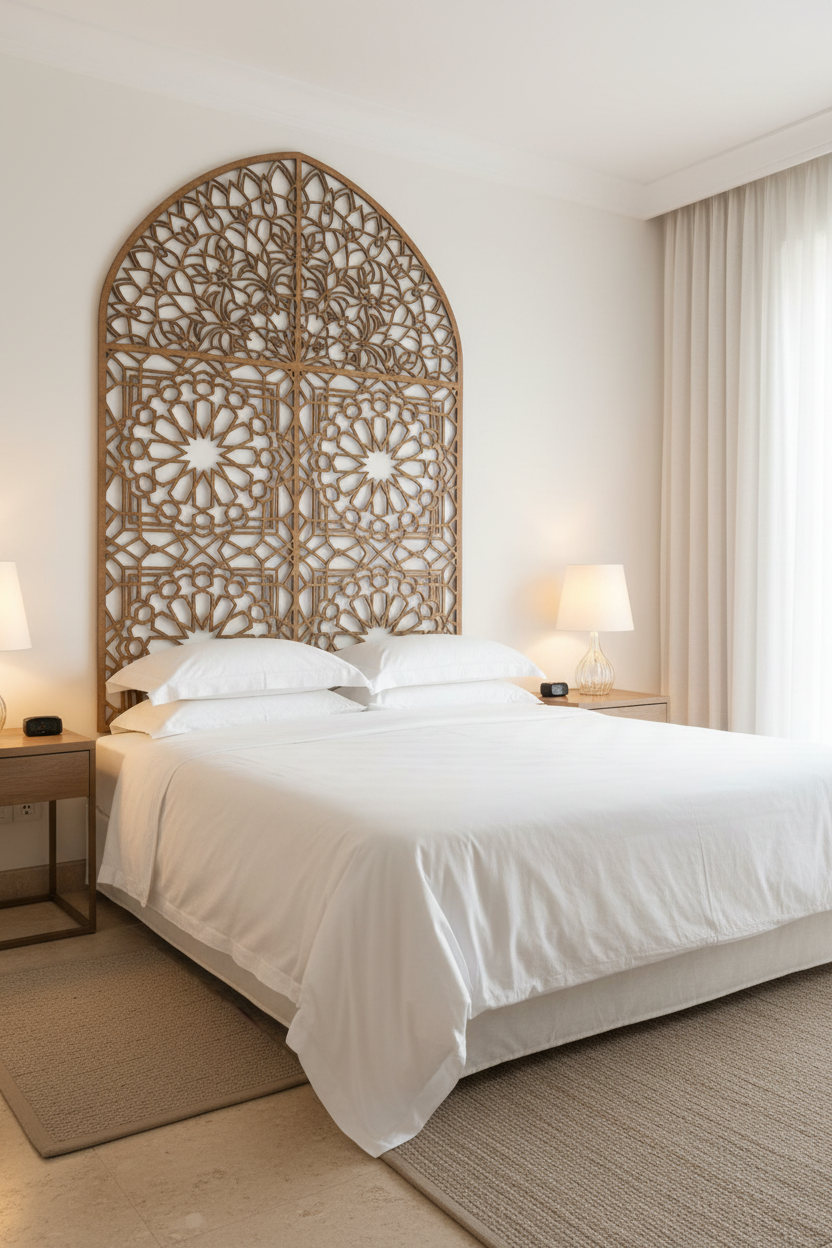 Celosía Bawwaba como cabecero de cama en dormitorio de hotel boutique mediterráneo con ropa de cama blanca