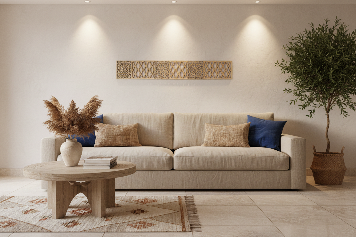 Celosía Samira como friso decorativo en salón mediterráneo
