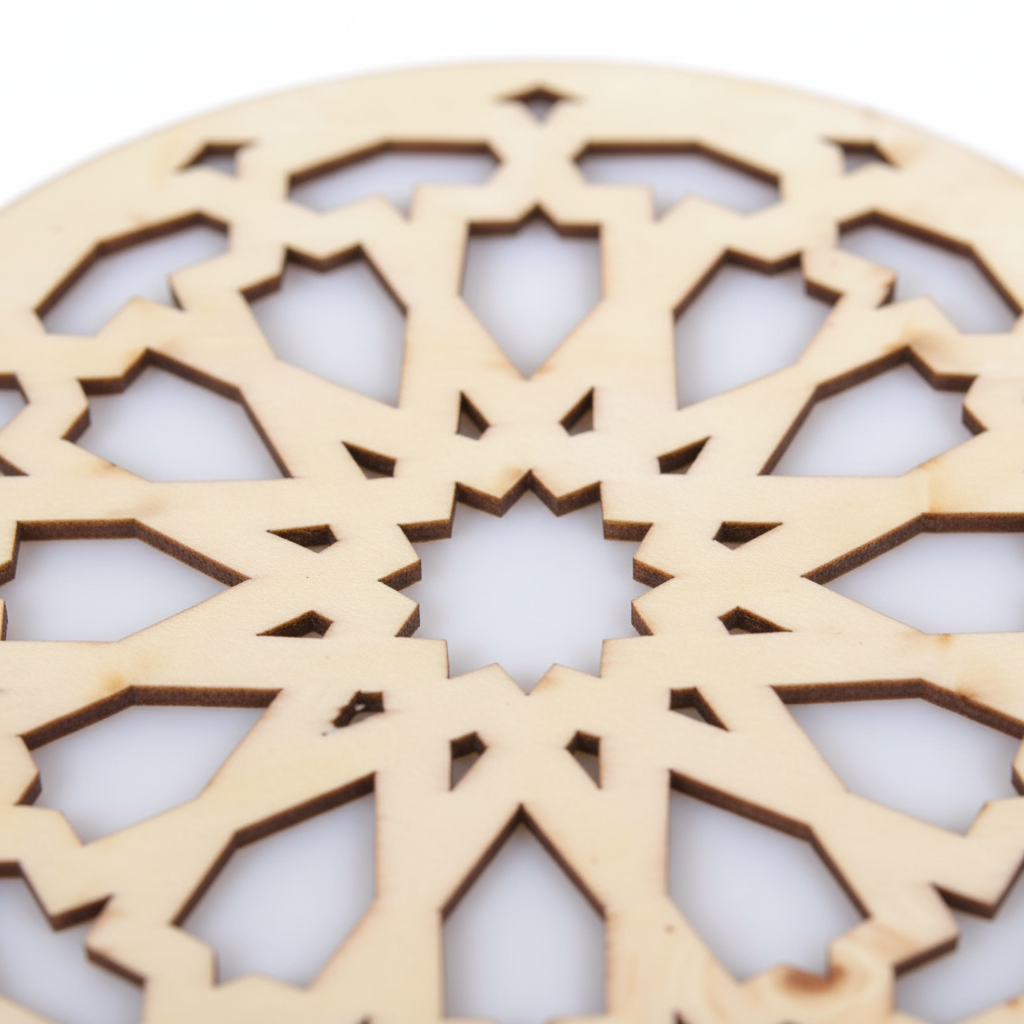 Detalle del patrón de estrella de 12 puntas de la Celosía Tāj en madera natural 2 mm