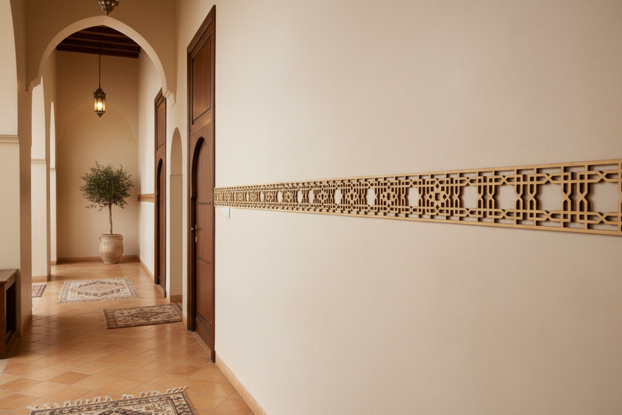 Celosía TIH como cenefa en pasillo andaluz entre paneles de pared