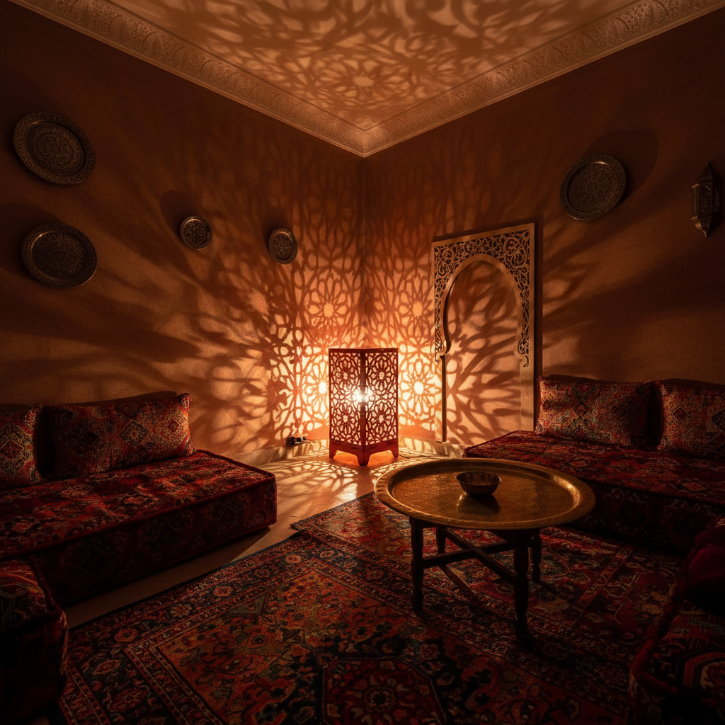 Lámpara árabe madera roja mosaico Alhambra encendida en salón marroquí