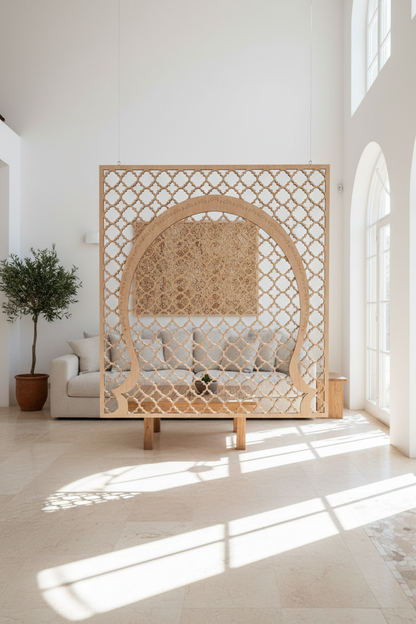 Celosía Iwan como separador de ambientes colgante con luz filtrándose por las flores
