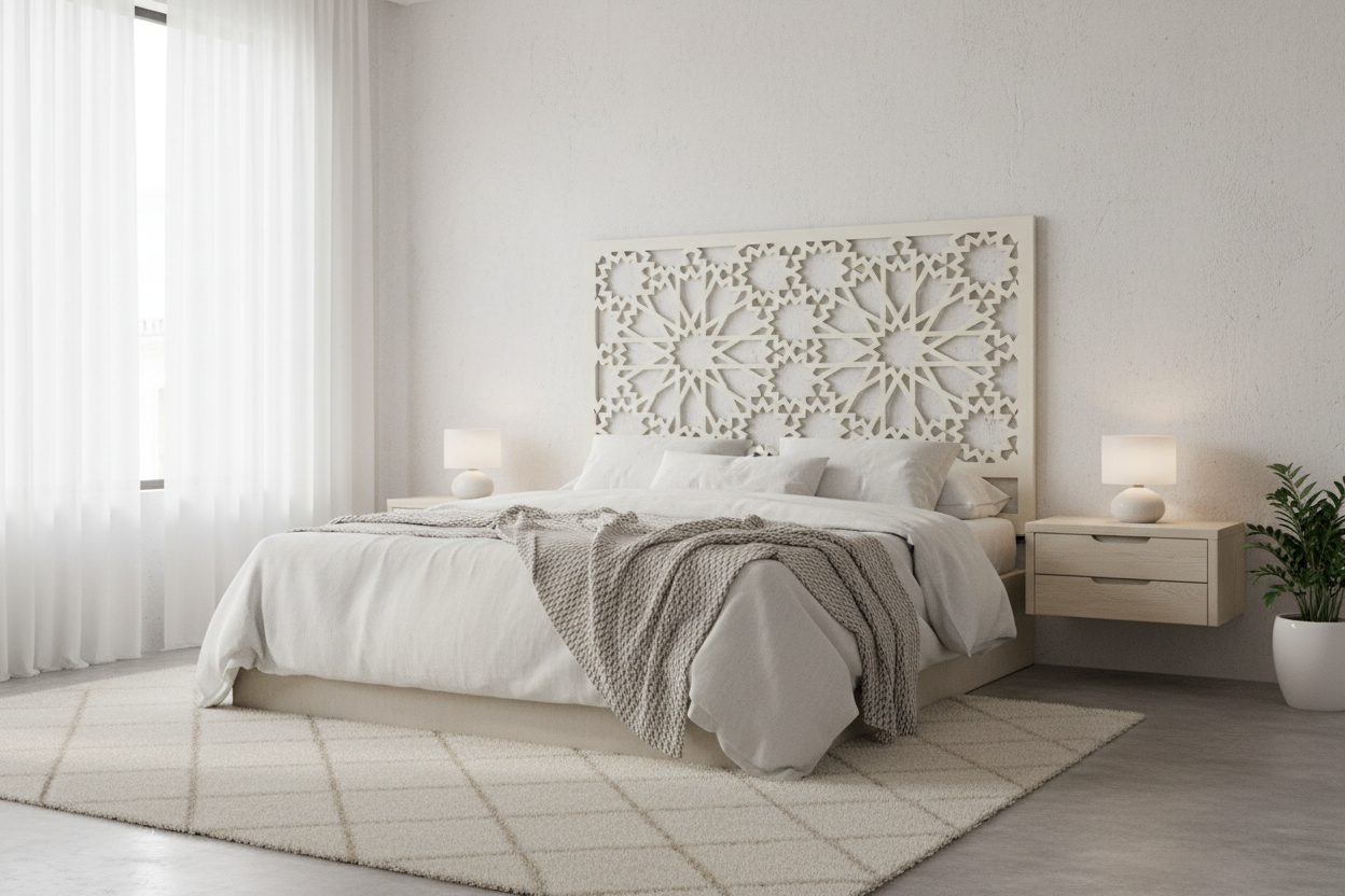 Celosía Zallīj usada como cabecero en dormitorio minimalista escandinavo-andalusí
