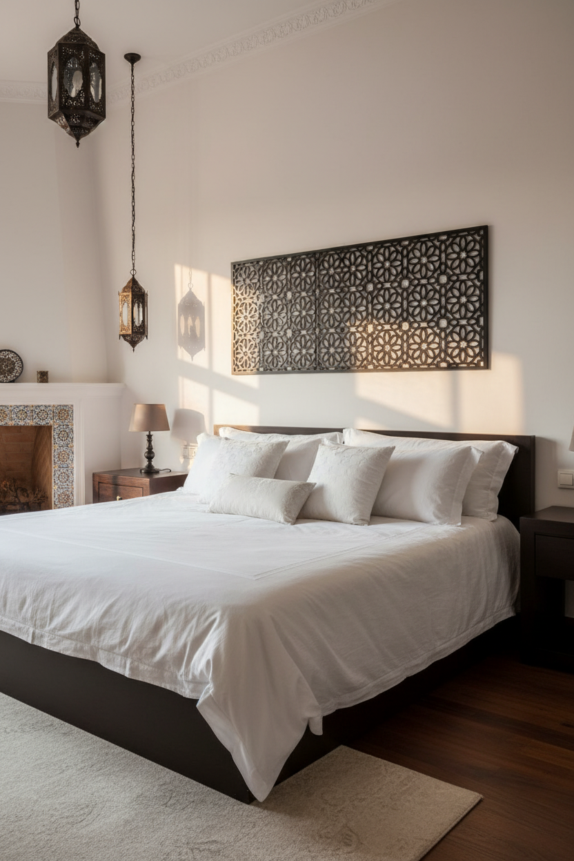 Celosía Warda negra como cabecero king size en dormitorio andaluz de lujo con ropa de cama blanca