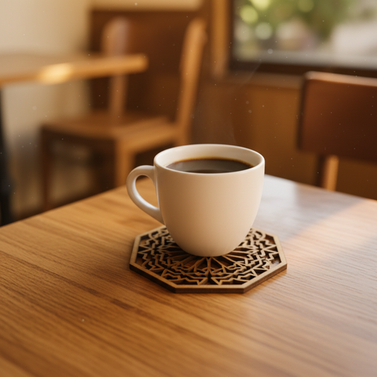 Posavasos andalusí madera geométrico corte láser bajo taza de café