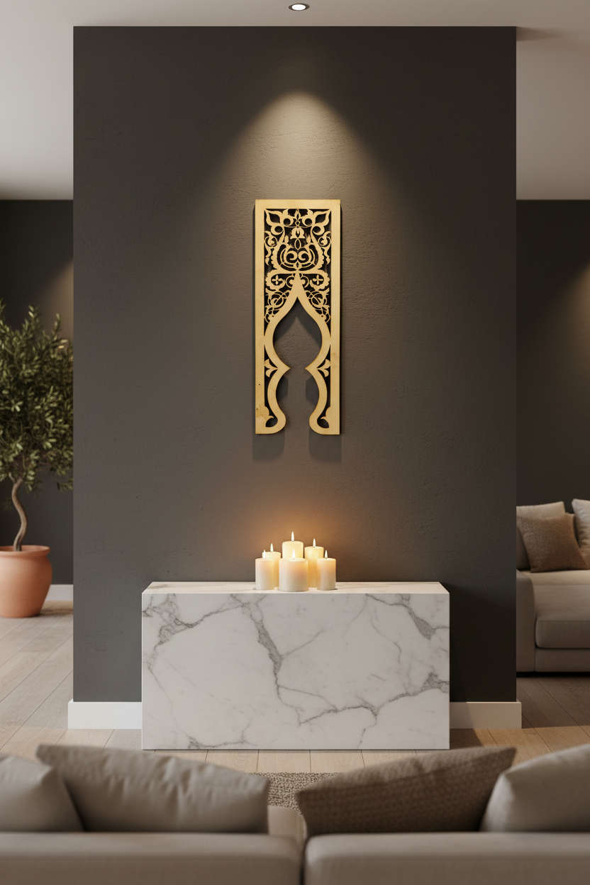 Panel Qaws dorado como cuadro statement sobre consola de mármol en salón mediterráneo con pared gris antracita