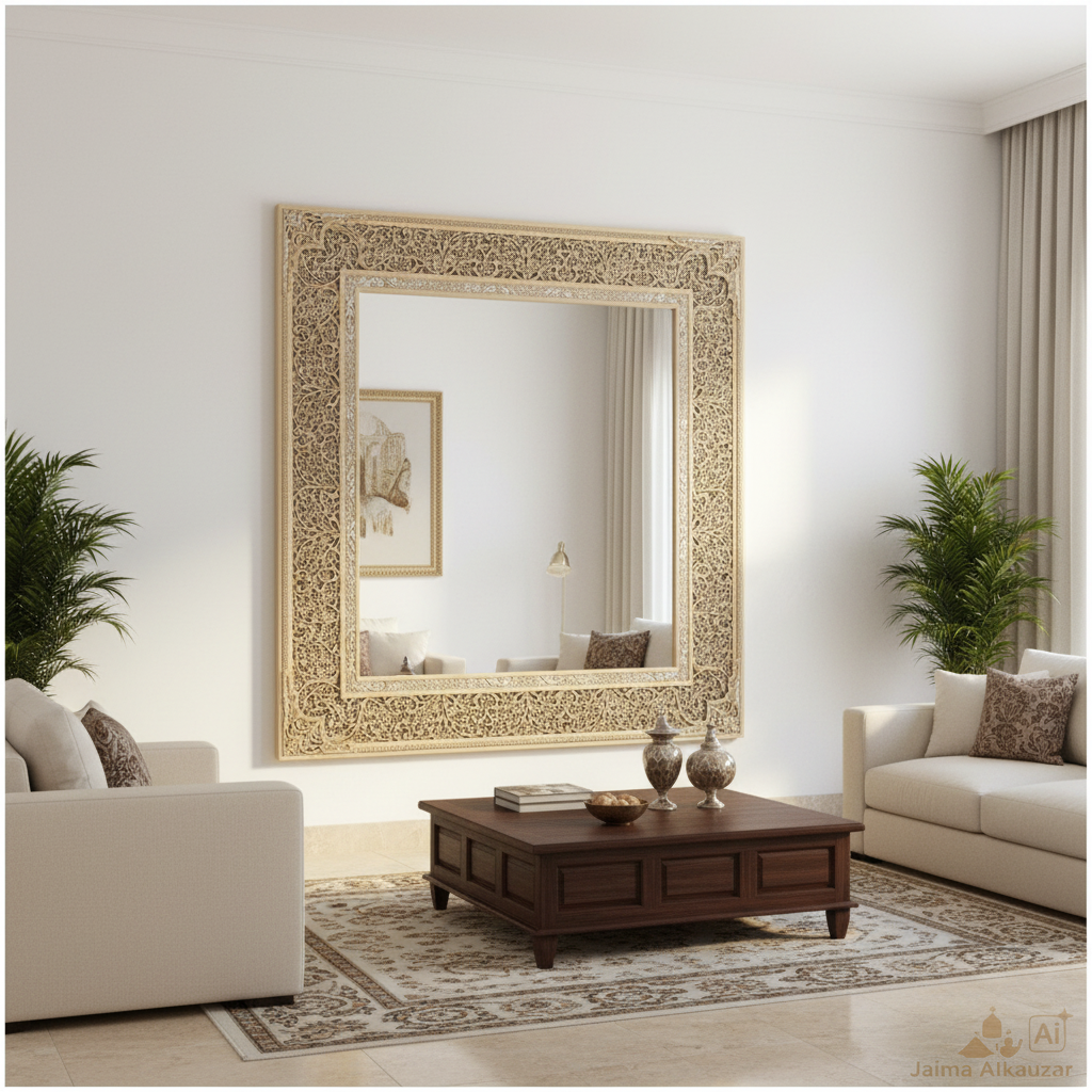 Cuatro esquineras Zāwiya enmarcando espejo decorativo en salón de lujo