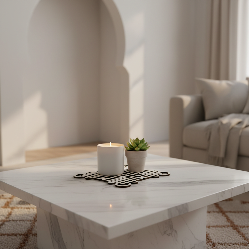 Celosía Muhandis como base decorativa para vela y planta en mesa de mármol