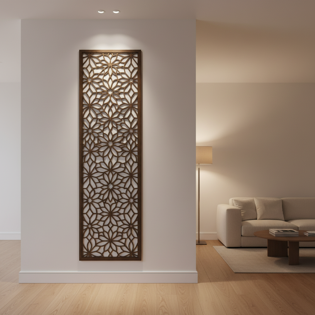 Celosía árabe calada Colección Azahar madera corte láser en pared interior