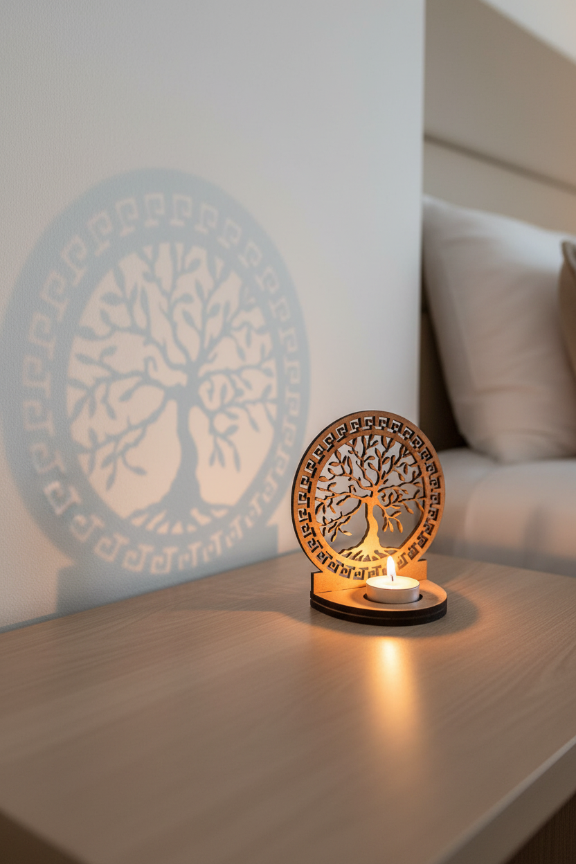 Portavelas Shajara encendido proyectando sombras del Árbol de la Vida en mesita de noche premium