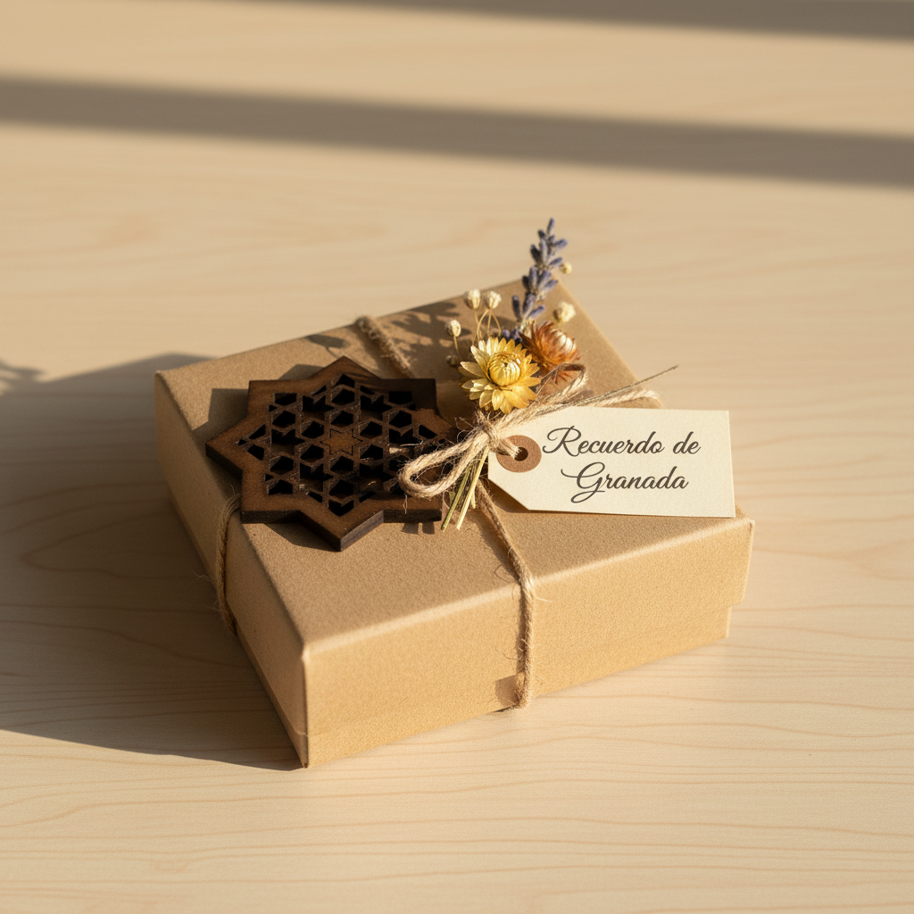 Celosía Najma presentada como regalo artesanal de Granada en caja kraft con flores secas