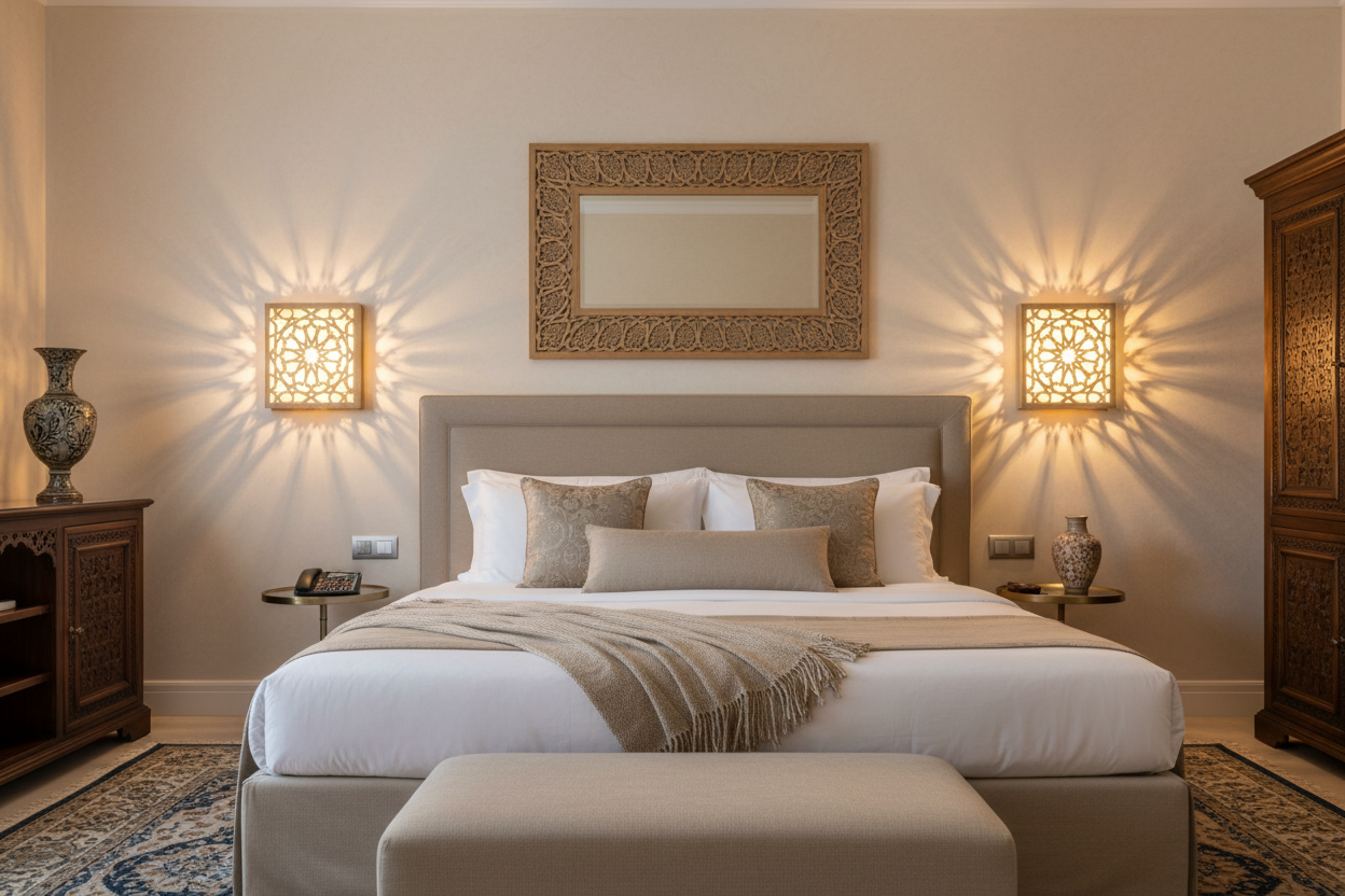Dos Apliques Qamar simétricos flanqueando cabecero de cama en dormitorio de hotel boutique