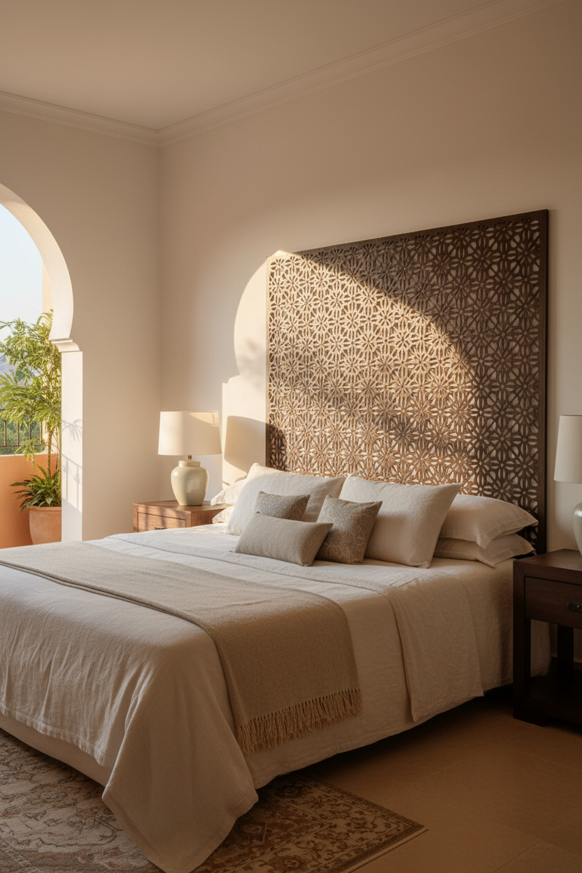 Celosía Bahar como cabecero king size en dormitorio andaluz de lujo acabado caoba