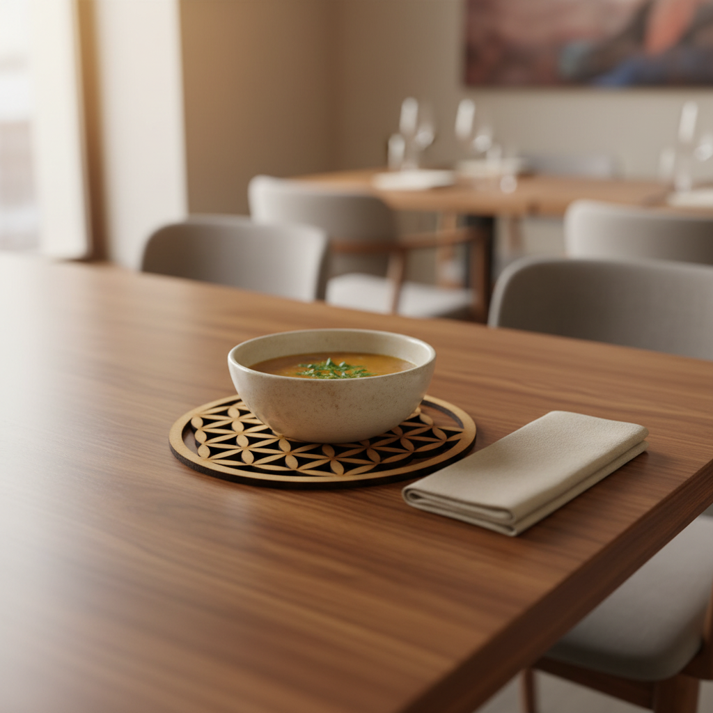 Celosía Zahra como salvamantel en mesa de comedor premium con bol cerámico