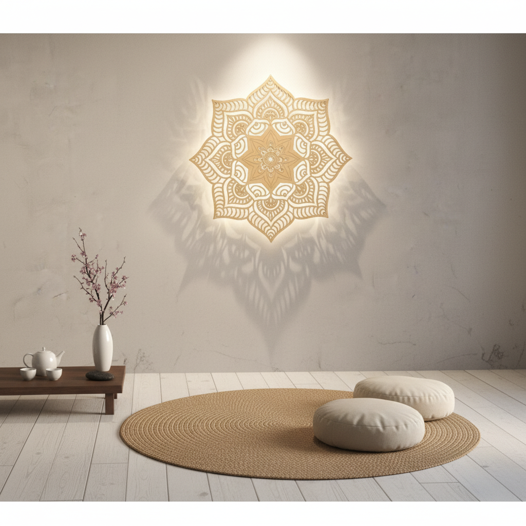 Mandala Nujum en sala de meditación y yoga con ambiente zen y luz suave