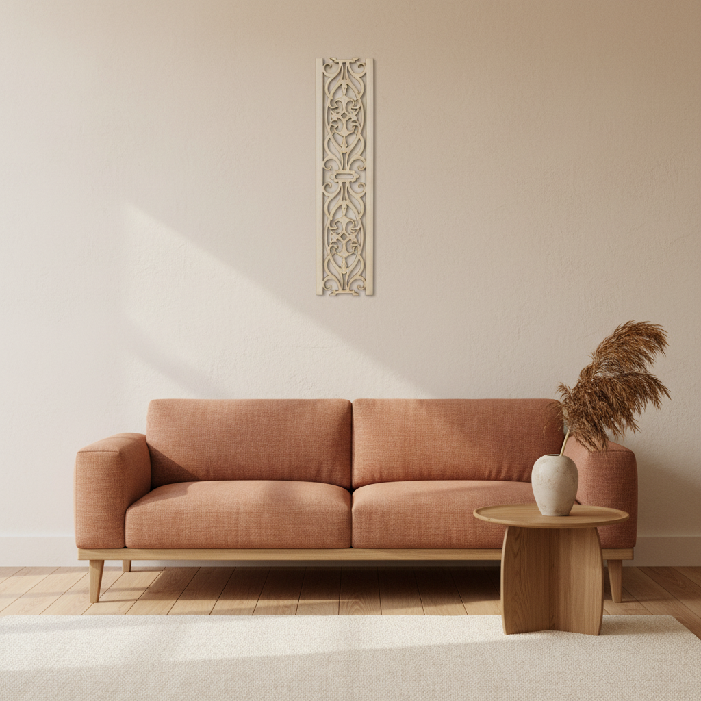 Celosía árabe calada Colección Azahar 6x50cm madera corte láser en pared interior