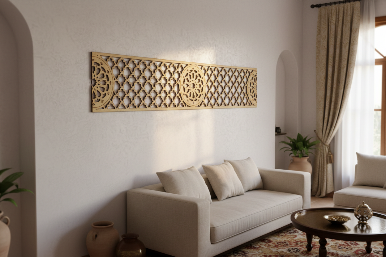 Celosía Wisām instalada como cenefa decorativa en pared de salón andalusí de lujo