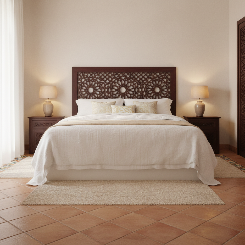 Cabecero árabe cama 160cm madera caoba Alhambra en dormitorio andalusí elegante