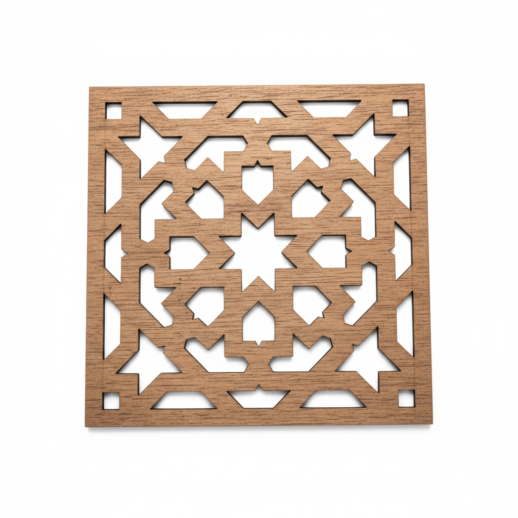 Celosía Murabba 20x20 cm sola sobre fondo blanco mostrando patrón geométrico angular de estrellas del Generalife en madera natural
