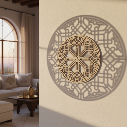 Celosía Nūr circular en madera natural montada en pared de salón andalusí con sombras geométricas