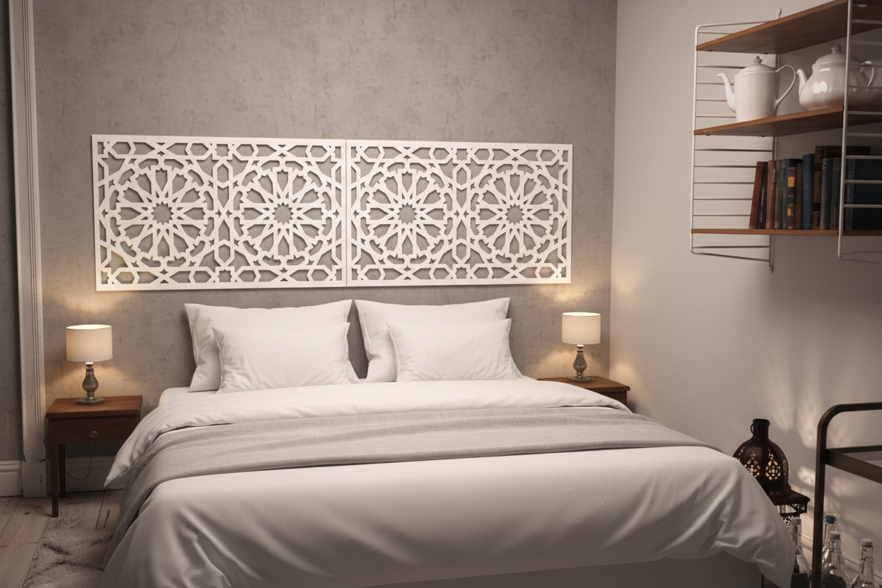 Cabecero Alhambra en habitación de hotel boutique con sombras proyectadas