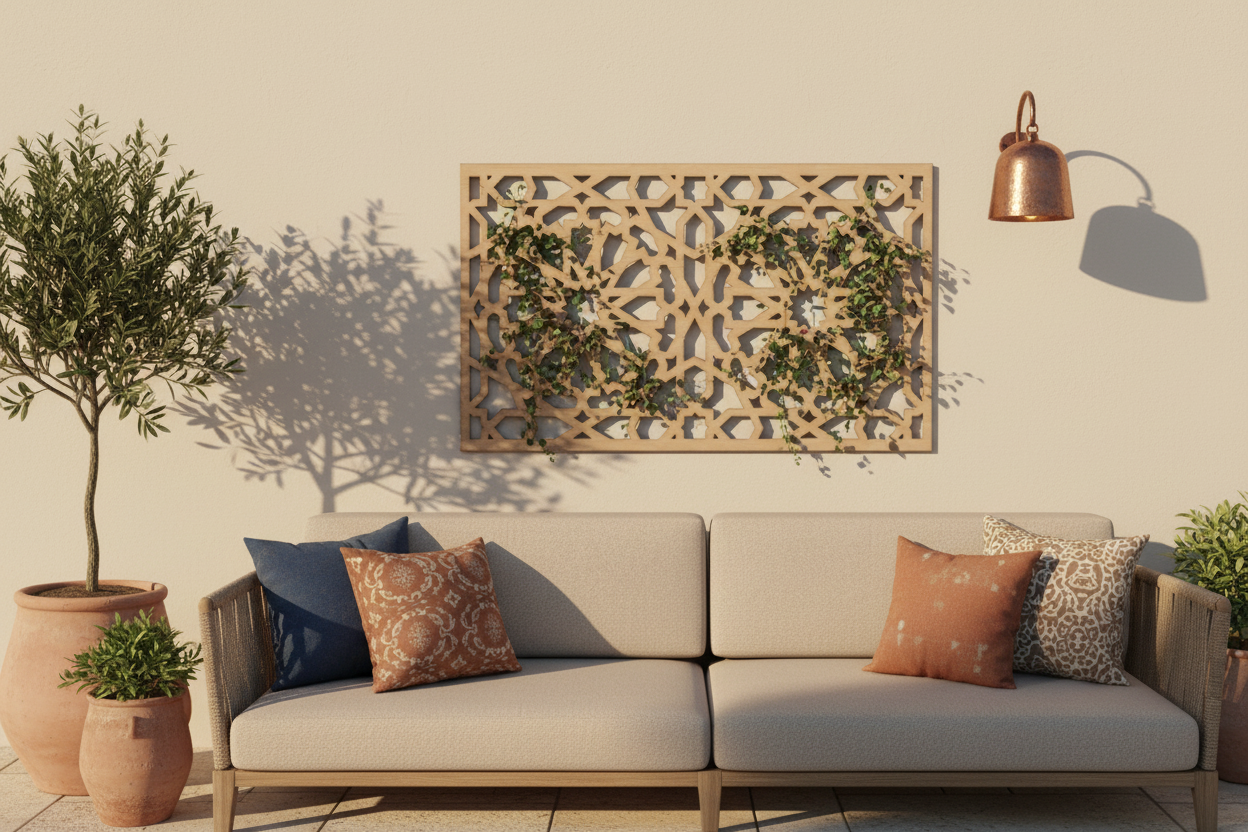 Celosía Naseem como trepadera decorativa en terraza mediterránea con plantas enredaderas