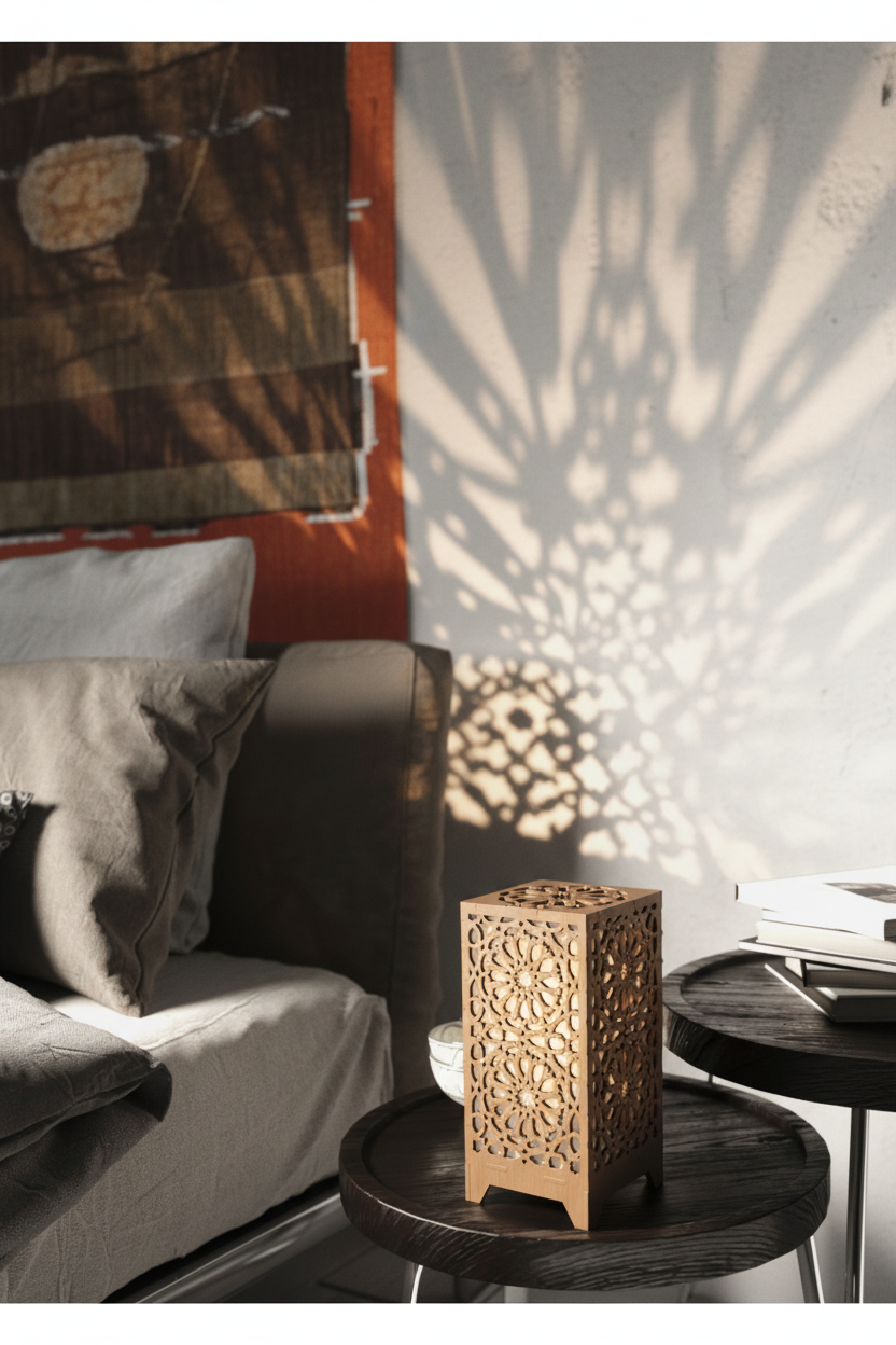 Lámpara Qasr proyectando sombras geométricas en pared y techo de dormitorio de hotel boutique