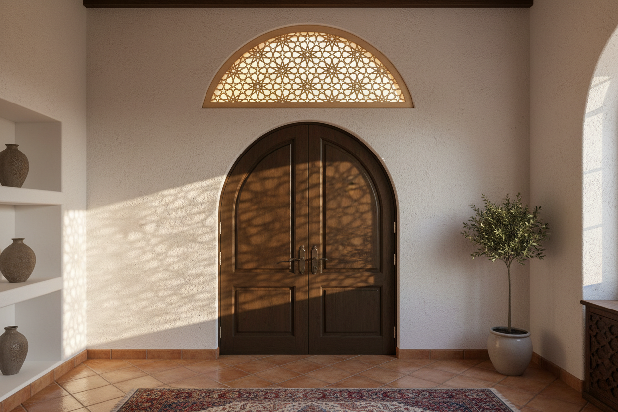 Celosía Qubba instalada sobre puerta interior en vivienda de lujo estilo andalusí