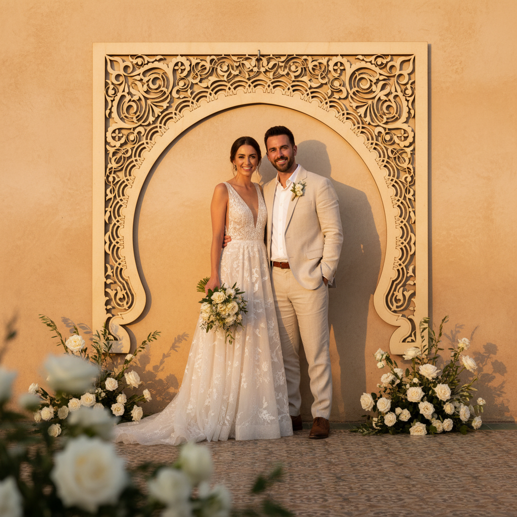 Arco Bab como photobooth decorativo para boda o evento andaluz con pareja en el fondo