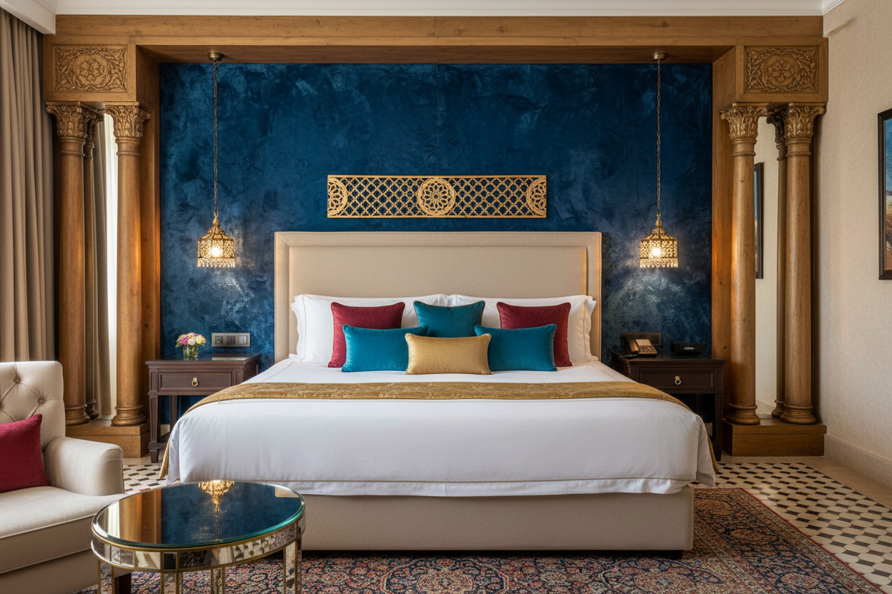 Celosía Wisām como acento decorativo en cabecero de hotel boutique estilo árabe
