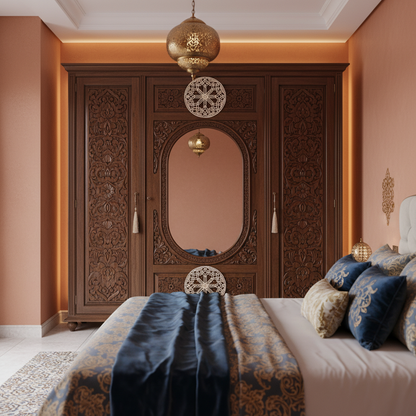 Celosía Nūr aplicada como elemento decorativo en marco de espejo de dormitorio premium