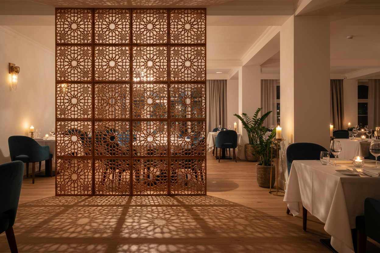 Celosía Sabr como separador de ambientes en restaurante boutique con sombras proyectadas