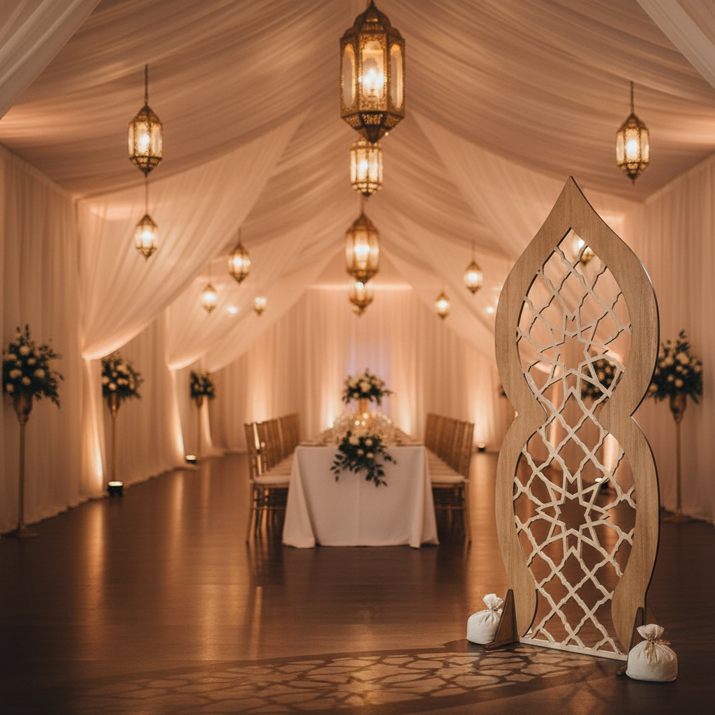 Panel decorativo árabe Colección Oasis 170cm en entrada de boda