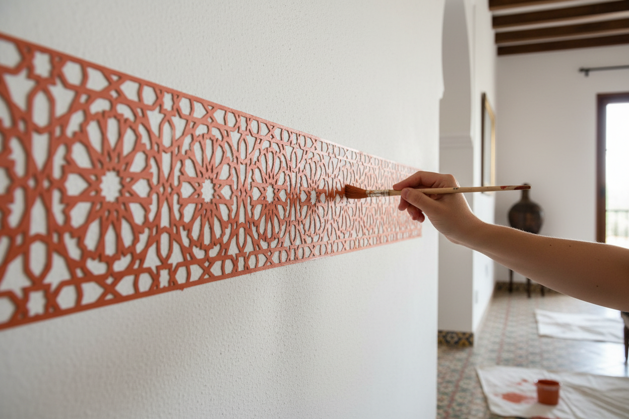 Plantilla Qālib usada para pintar cenefa árabe en pared de hogar andalusí con pintura terracota