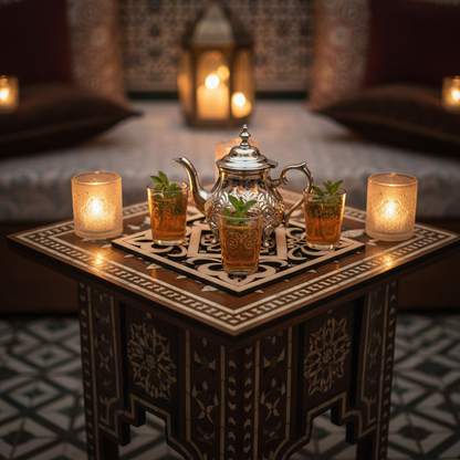 Celosía Tawrīq como base para servicio de té marroquí en mesa de riad de lujo