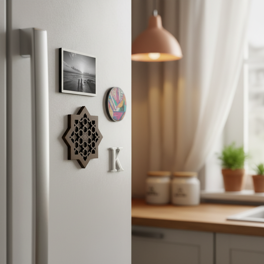 Celosía Najma como imán decorativo en puerta de nevera blanca con otros imanes